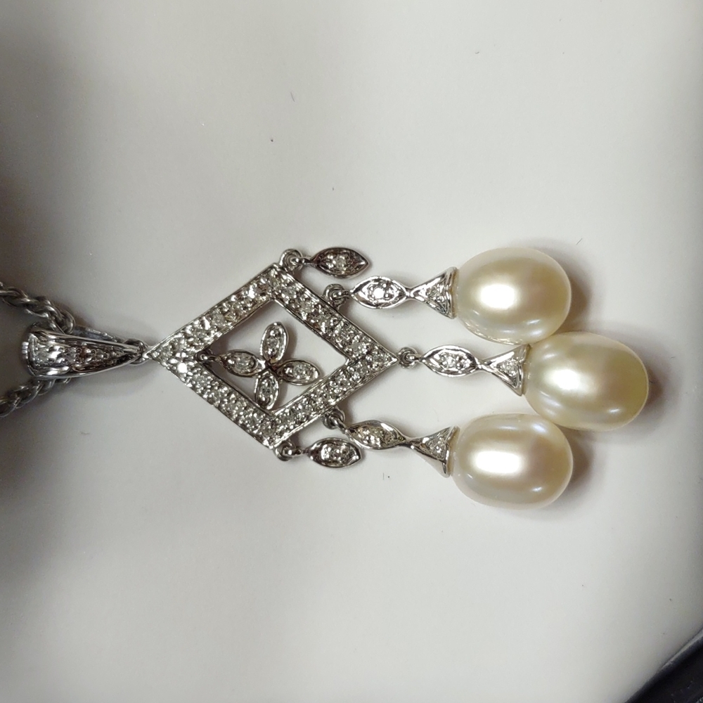 14kt white gold necklace with diamond and pearl drop pendant and earring… - Picture 6 of 14